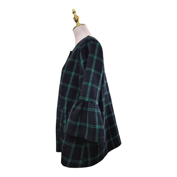 Entro Women's Plaid Bell Sleeve Jacket Blue Green Check Waffle Knit Cotton L - Picture 2 of 8